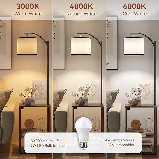 SUNMORY Floor Lamp with Table, End Table for Living Room with Lamp, Shelves Side Table with Charging Station(USB & AC Port), 3 Color Temperature LED Bulb, Modern Nightstand Lamp for Bedroom, Office