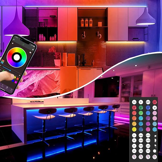 Battery Operated LED Strip Lights 26ft, Color Changing RGB APP & Remote Control, Music Sync, USB Powered, Cuttable - for Bedroom, TV Backlight, Party, Kitchen, Camping