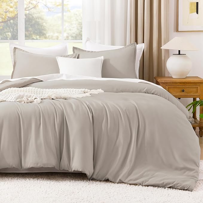 Litanika Linen Grey Comforter Set King Size, 3 Pieces Lightweight Solid Bedding Comforter Set, All Season Fluffy Bed Set (104x90In Comforter & 2 Pillowcases)