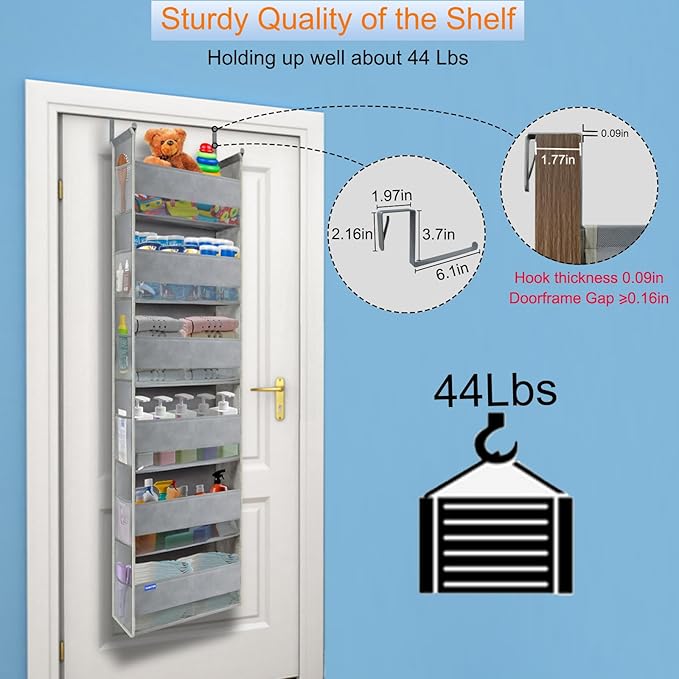 Extra Large Over The Door Organizer Storage 6-Shelves and 12 Side Pockets, Heavy Duty Hanging Door Organizer for Closet Bathroom Bedroom Nursery Pantry, Grey
