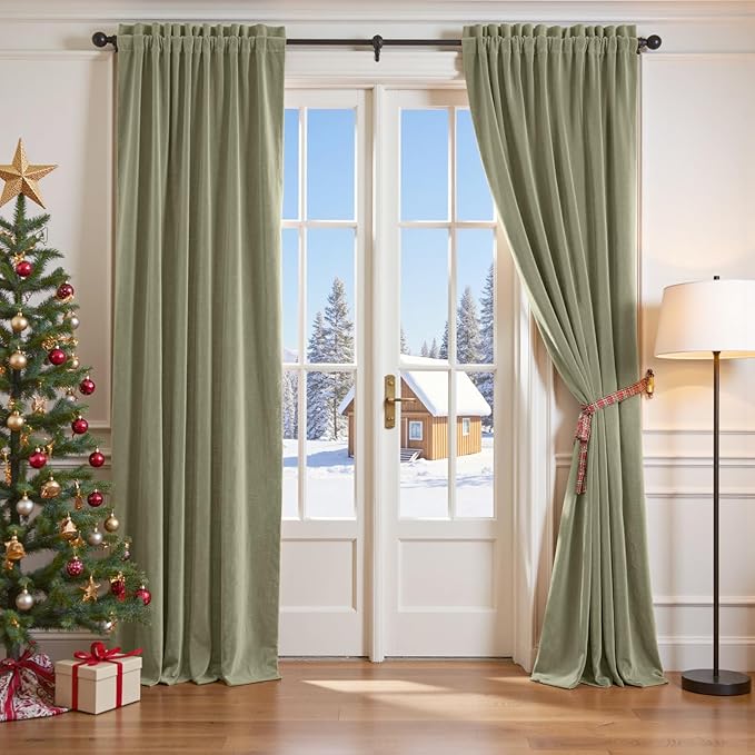 Lazzzy Velvet Blackout Curtains Thermal Insulated Room Window Drapes Super Soft Luxury Curtains for Living Room Bedroom Rod Pocket 2 Panels, Olive Sage, 52" W x 102" L