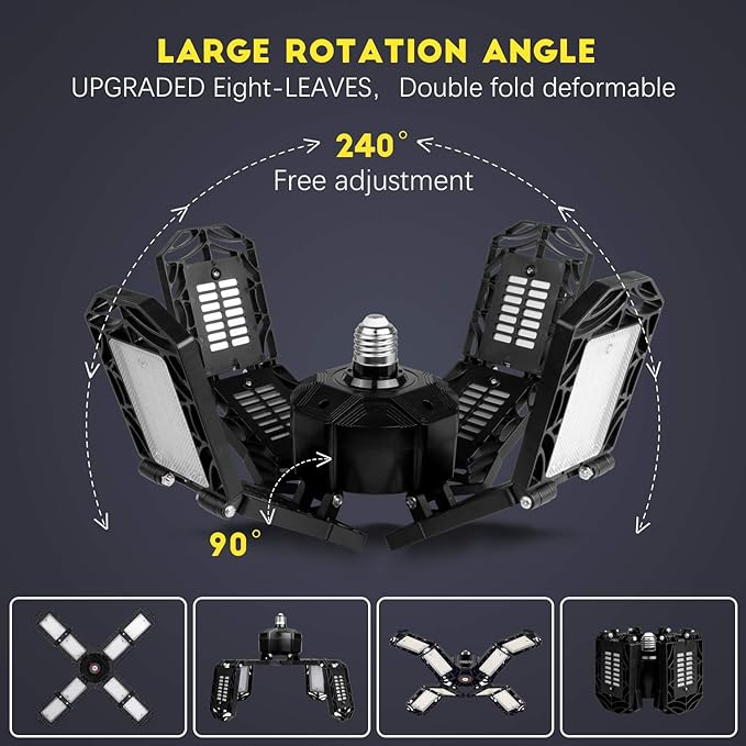 LED Garage Light,Super Bright Screw in E26/E27 Ceiling Shop Work Lamp, 200W 20000 Lumen Deformable Basement Bulb Fixture with 8 Adjustable Panels, Lighting for Workshop, Attic