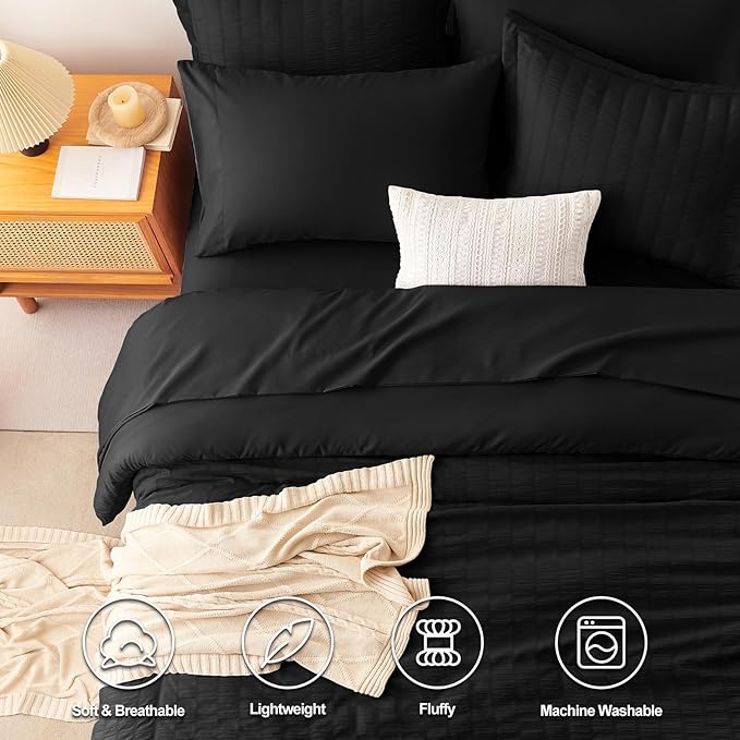 CozyLux King Size Comforter Set Black Seersucker 7 Pieces Bed in a Bag King Comforter Set with Sheets, Luxury Soft Bedding Set with Down Alternative Comforter, Sheets, Pillowcases & Shams All Seasons