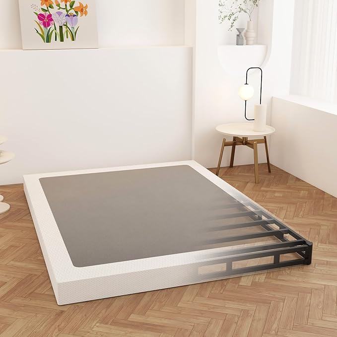 Queen Box Spring 4 Inch Low Profile, Heavy Duty Metal Box Spring Bed Base with Fabric Cover, Mattress Foundation, Easy Assembly, Noise Free, Black