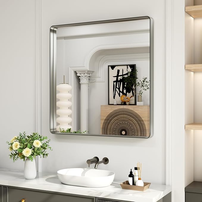 LOAAO 36X36 Inch Brushed Nickel Bathroom Mirror, Rounded Rectangle Silver Metal Frame Mirror, Brushed Nickel, Anti-Rust, Shatter Proof, Hangs Horizontally or Vertically