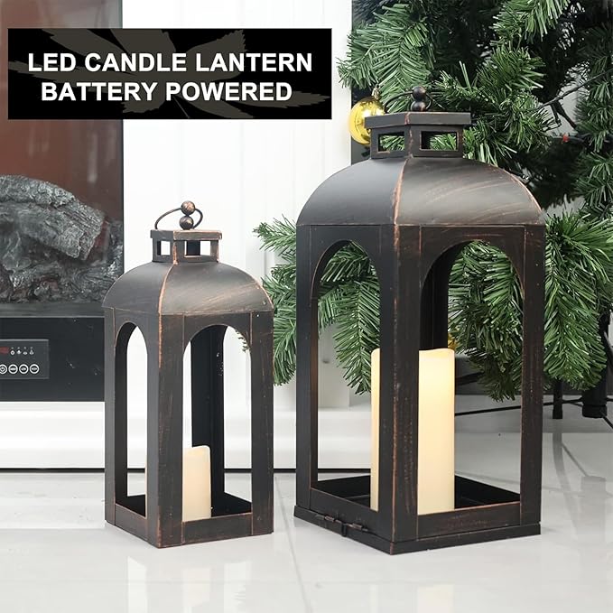 DECORKEY LED Lantern Decorative Outdoor&Indoor, Set of 2 (17’’&13’’) Black Metal Lanterns Decor, Vintage Hanging Candle Holder for Home Porch Wedding Halloween Christmas Decorations Battery Powered