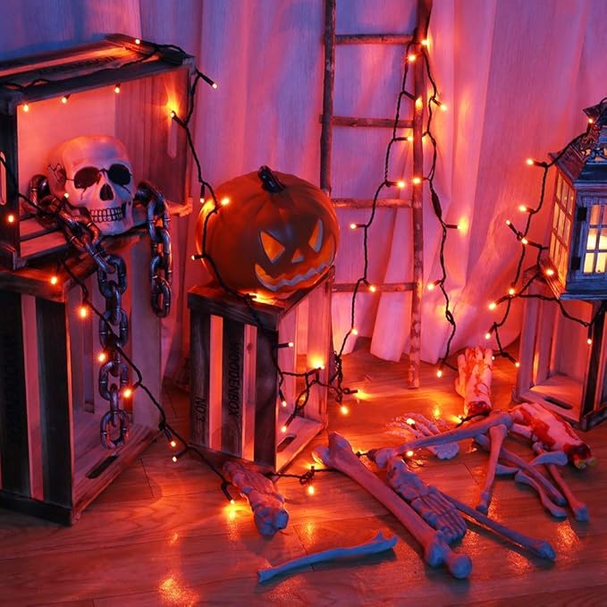 Brizled Orange Halloween Lights, 33ft 100 LED 5mm Wide Angle Orange Halloween String Lights, 120V UL Certified Connectable Mini Amber Light String for Tree Party Home Indoor Outdoor Decor, Black Wire