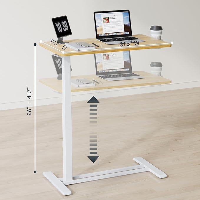 FLEXISPOT H7 Adjustable Overbed Bedside Table with Wheels Pneumatic Mobile Standing Desk Laptop Desk Rolling Computer Cart Movable Table Hospital Home Use(31.5" W x 17.7" D, Maple Large)