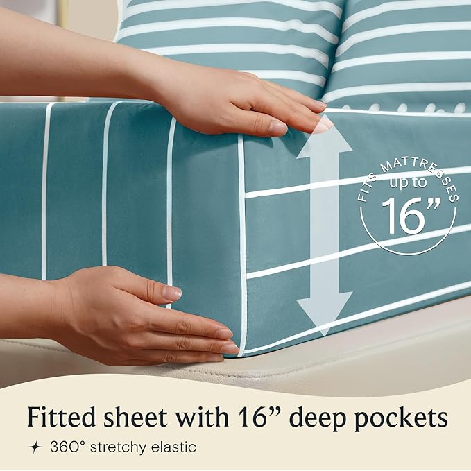 LuxClub 4 PC Queen Size Sheet Set Bed Sheets, Breathable Luxury Deep Pockets 16" Wrinkle Free Cooling Sheets Machine Washable Hotel Bedding (Queen, Striped Light Blue)