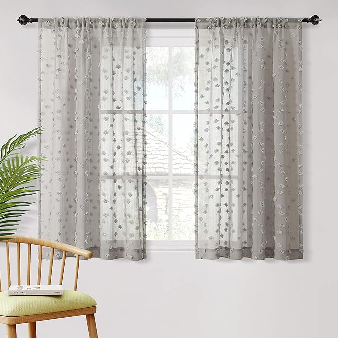 MYSKY HOME Grey Sheer Short Curtains with Pom Pom for Small Windows Bedroom Nursery Kids Girls Room Curtains Cafe Kitchen Light Filtering Boho Drapes, Rod Pocket,38 x 54 Inches, 2 Panels