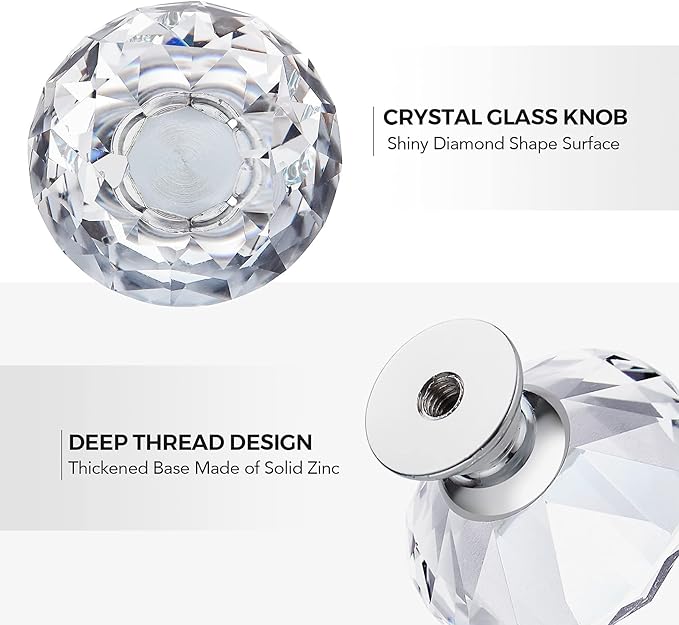 Ravinte 3 Pack Crystal Drawer Knobs - Glass Cabinet Knobs, Diamond Shaped - 30 mm with Silver Base