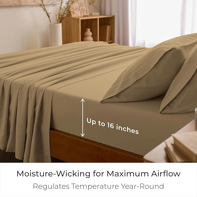 Mellanni Queen Sheets Set - 4 PC Iconic Collection Bedding - Hotel Luxury, Extra Soft, Cooling Bed Sheets - Wrinkle, Fade, Stain Resistant (Queen, Gold)