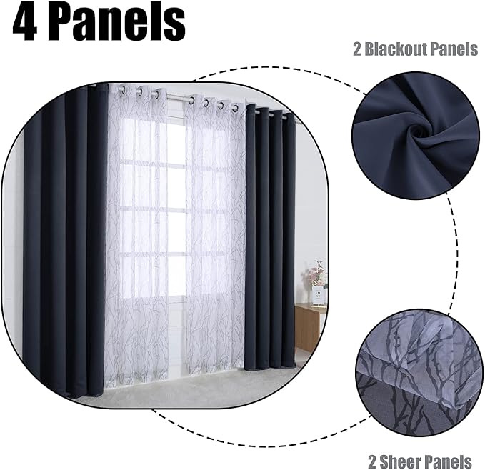 BONZER Mix and Match Curtains - 2 Pieces Branch Print Sheer Curtains and 2 Pieces Blackout Curtains for Bedroom Living Room Grommet Window Drapes, 54x108 Inch/Panel, Grey Dark, Set of 4 Panels