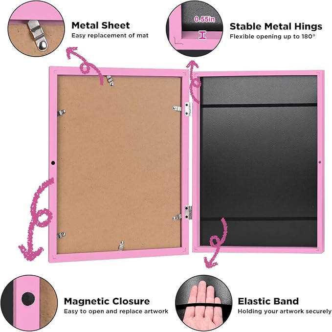 KINLINK 9x12 Kids Art Frames Set of 2, Solid Wood Kids Artwork Frames Changeable with Acrylic Front Opening Holds 150 Pictures, Art Frame for Kids Artwork with Mat or without Mat, Pink