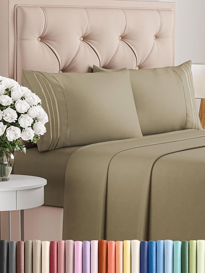 Queen Size 4 Piece Sheet Set - Comfy Breathable & Cooling Bed Sheets Set - Hotel Luxury Bedding for Women, Men, Kids, Teens, Boys & Girls - Deep Pockets, Ultra-Soft, Wrinkle Free - Oeko-Tex - Khaki
