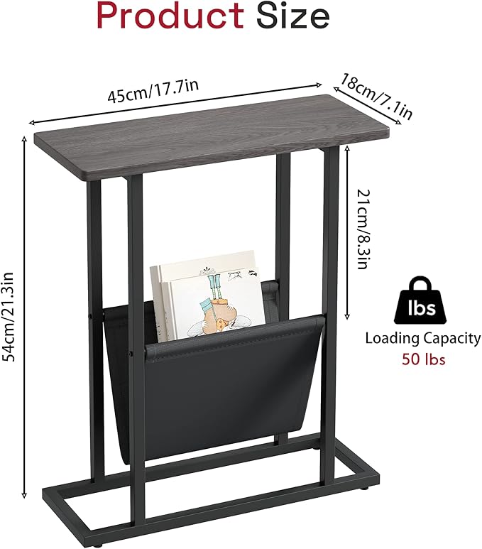 Yusong Small Narrow Side Table for Small Spaces, 17.7" W Slim End Table Magazine Table Nightstand with Storage Holder, Accent Skinny Snack Couch Bedside Table, Grey, Complete Iron Pipes