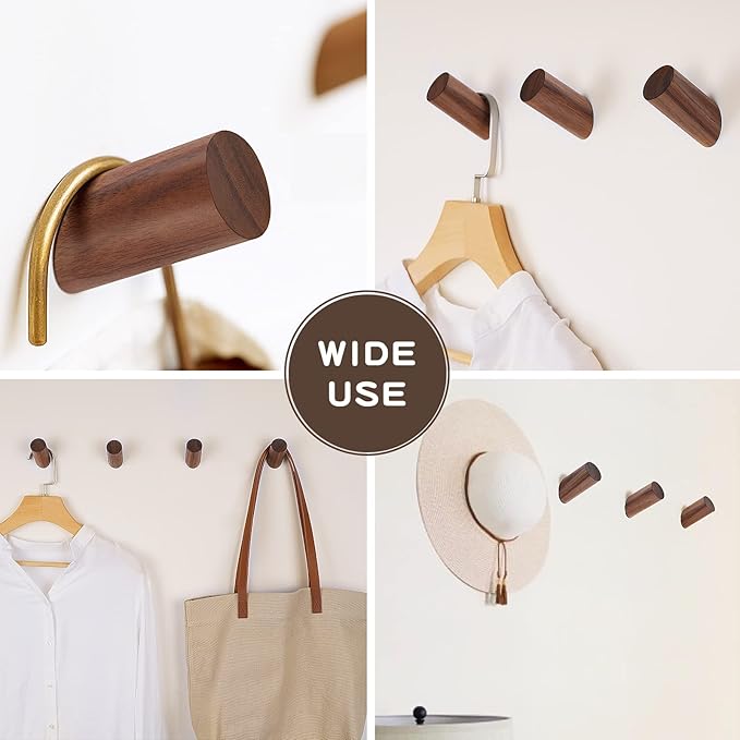 6 Pack Wood Hooks, Natural Coat Hooks Wall Mounted - Rustic Heavy Duty Wall Hooks for Hanging Towels - Entrance Hat Rack Coat Hanger (Walnut Wood)