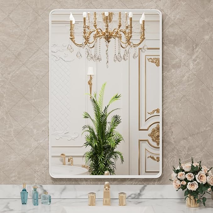 LOAAO 30x36 Inch White Metal Framed Bathroom Mirror for Wall, White Bathroom Vanity Mirror Farmhouse, Large Rounded Rectangle Mirror, Anti-Rust, Tempered Glass, Hangs Horizontally or Vertically