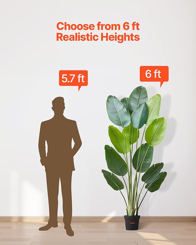 VEVOR Artificial Bird of Paradise 6 ft Tall, Fake Tropical Plants with with 13 Trunks & White Pot, Faux Floor Silk Tree, Large Trees for Home Office Living Room Decor House Warming, Indoor Outdoor