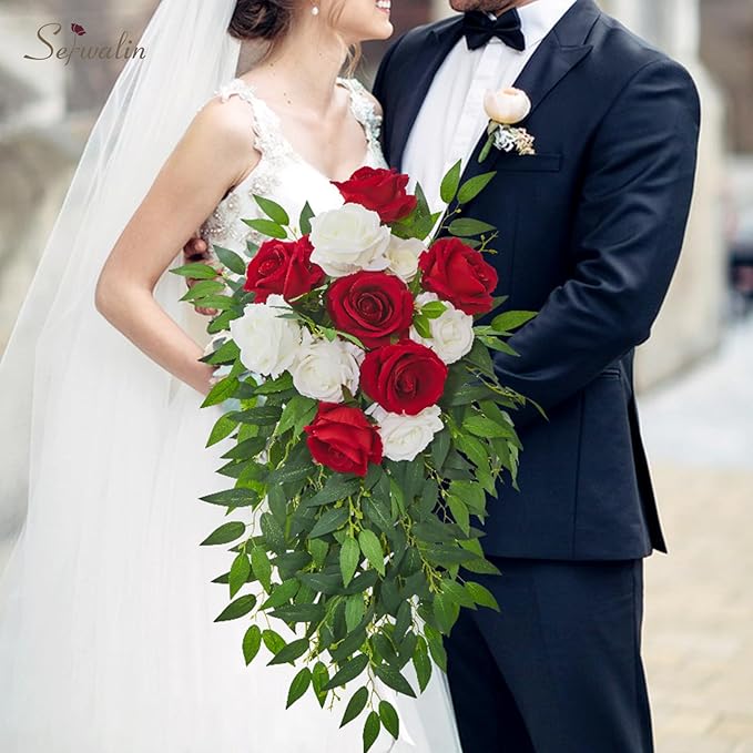 Serwalin 20pcs Artificial Red and White Roses, 4'' Big Flower Head, Fake Roses Velvet Real Touch, Silk Roses Long Stems Realistic Bouquet for Wedding Table Centerpiece and Home Decor