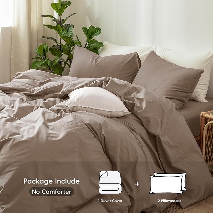 MooMee Bedding Duvet Cover Set 100% Washed Cotton Linen Like Textured Breathable Durable Soft Comfy (Solid Brown, Super King 108"x98")