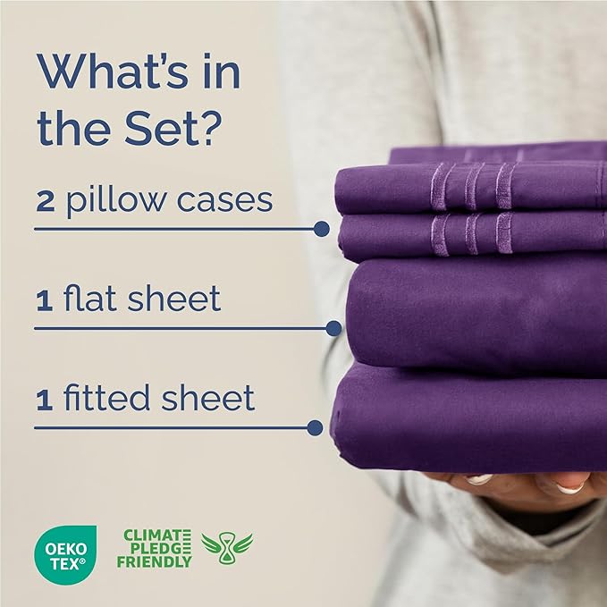 Full Size 4 Piece Sheet Set - Comfy Breathable & Cooling Bed Sheets Set - Hotel Luxury Bedding for Women, Men, Kids, Teens, Boys & Girls - Deep Pockets, Ultra-Soft, Wrinkle Free - Oeko-Tex - Purple
