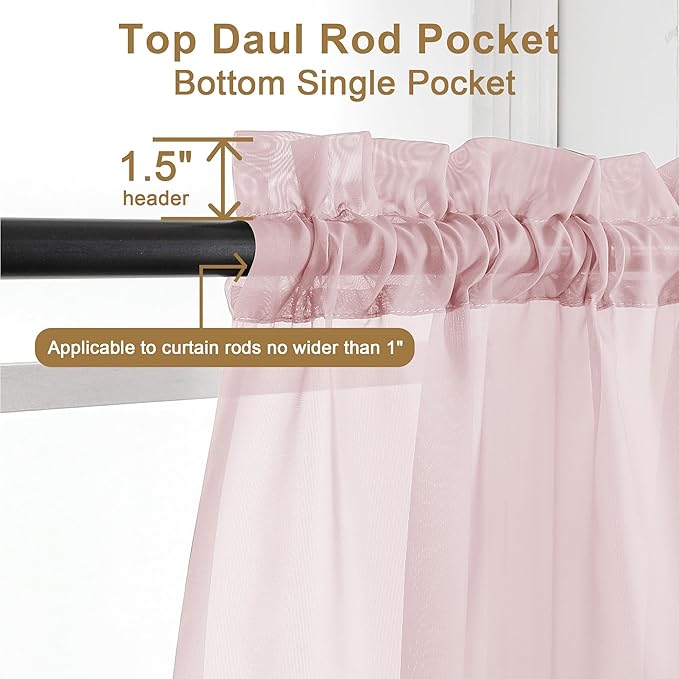 Chyhomenyc Sheer Curtains 63 Inch Length 2 Panels, Light Filtering Rod Pocket Window Sheer Curtain Drapes for Bedroom Living Room, 42Wx63L, 2 Panels, Blush Pink