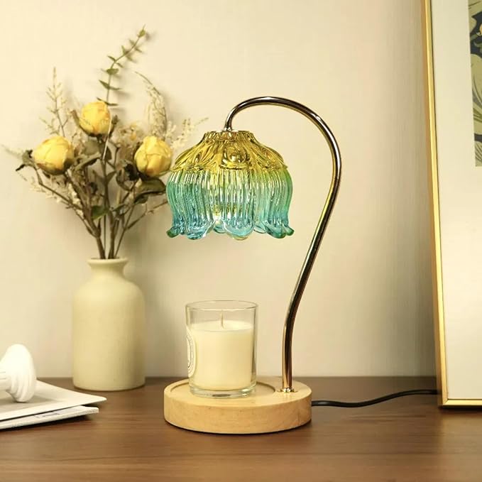 Dimmable Flower Candle Warmer Lamp, Candle Warmer with Timer & 4Bulbs, Womens Gifts for Christmas Birthday, Unique Home Decor for Bedroom Living Room Decor Aesthetic (Yellow/Green)