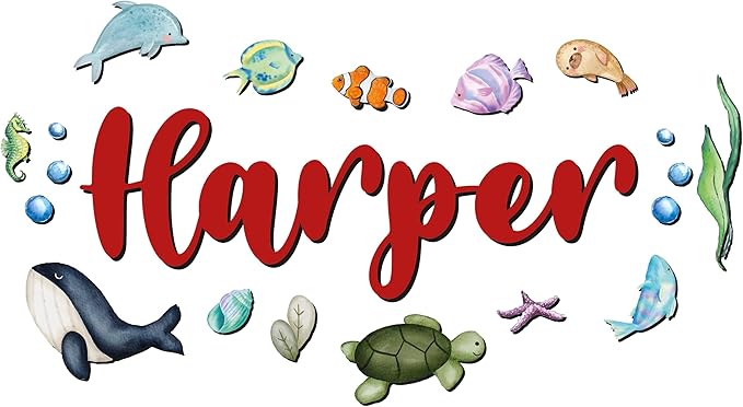 Custom Nursery Name Sign with Themed Decor Kit | Personalized Wooden Wall Art for Baby, Kids Room | Space, Jungle, Circus, Under the Sea, Woodland, Rainbow (10", Under the Sea)