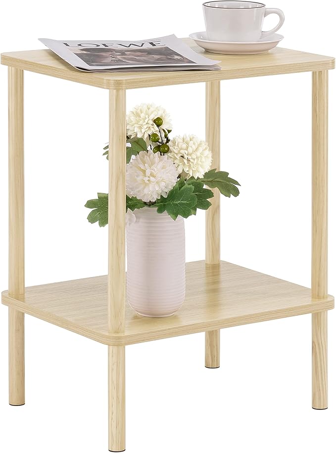 Apicizon 2 Tier End Table, Small Side Table with Solid Wood Legs, Boho Bedside Table with Storage Shelf, Nightstand for Small Spaces, Bedroom, Living Room, Entryway, Easy Assembly, Light Natural