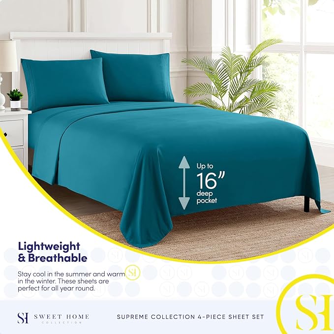 1800 Supreme Collection - Breathable Luxury Full Size Sheet Set with Full Elastic & Secure Corner Straps Built In, Extra Soft Deep Pocket Bedding Set, Teal