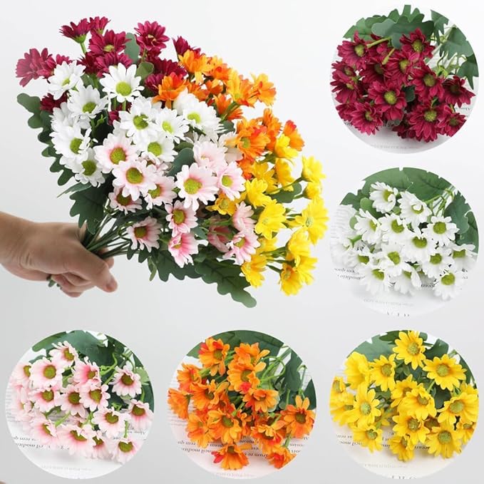 Artificial Mums for Outdoors, Faux Sunset Mum Flowers Planters for Indoor Outside Decor, Fake Look Real, Vibrant, UV Resistant, Waterproof, Windproof (1Mix, 5 Bundle)