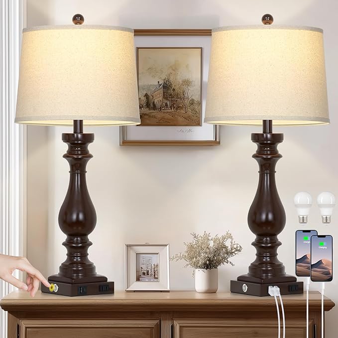 29" Tall Farmhouse Table Lamp for Living Room Set of 2,Vintage Retro Nightstand Lamps with USB C+A Ports & AC Outlet,3-Way Dimmable Touch Bedside Lamp for Bedroom Side Table,Dark Brown