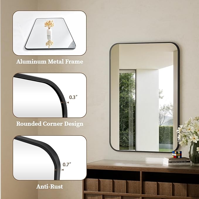 BEAUTYPEAK 20" x 28" Rectangular Aluminum Alloy Frame Wall Mounted Bathroom Mirror with Rounded Corners, Black