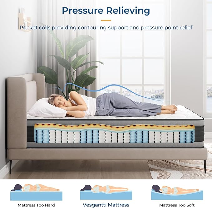 Vesgantti Twin XL Mattress, 10 Inch Hybrid Twin XL Size Mattress with Memory Foam and Individually Pocket Spring, Pressure Relief and Supportive, Medium Firm Feel, Mattress in a Box