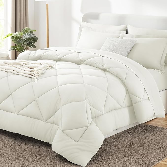 CozyLux Queen Comforter Set Ivory - Bed in a Bag Queen Size 7 Pieces, Luxury Soft Bed Set for All Seasons, Bedding Set with Down Alternative Comforter, Sheets, Pillowcases & Shams