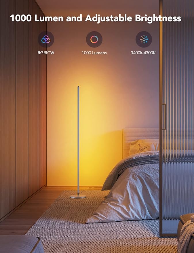 Govee RGBIC Floor Lamp, LED Corner Lamp Works with Alexa, Smart Modern Floor Lamp with Music Sync and 16 Million DIY Colors, Color Changing Standing Lamp for Bedroom Living Room Silver