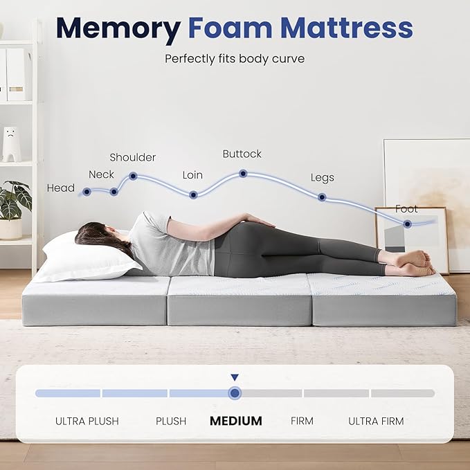 Foldable Mattress Twin 4 inch -Portable White Memory Foam Folding Matress with Washable Cover for Camping Travel Guest Room Home Use-Non-Slip&Easy Storage