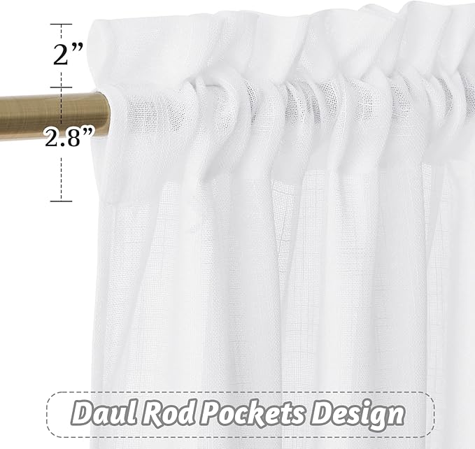 RYB HOME White Semi Sheer Curtains 84 inches Long - Living Room Curtains for Half Privacy, Linen Textured Sheer Light Filtering Vertical Window Drapes for Bedroom Dining, Width 52 inch, 2 Panels