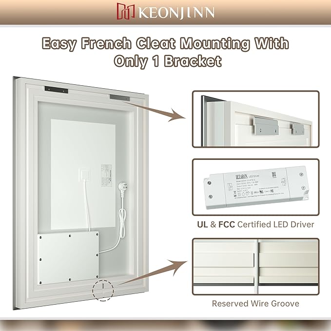 Keonjinn LED Bathroom Mirror with lights, 55" x 30" with Frontlit and Backlit, Stepless 3 Colors Temperature & Dimmable Large Tempered Glass Mirror, UL Listed LED Driver Double LED Strip Vanity Mirror