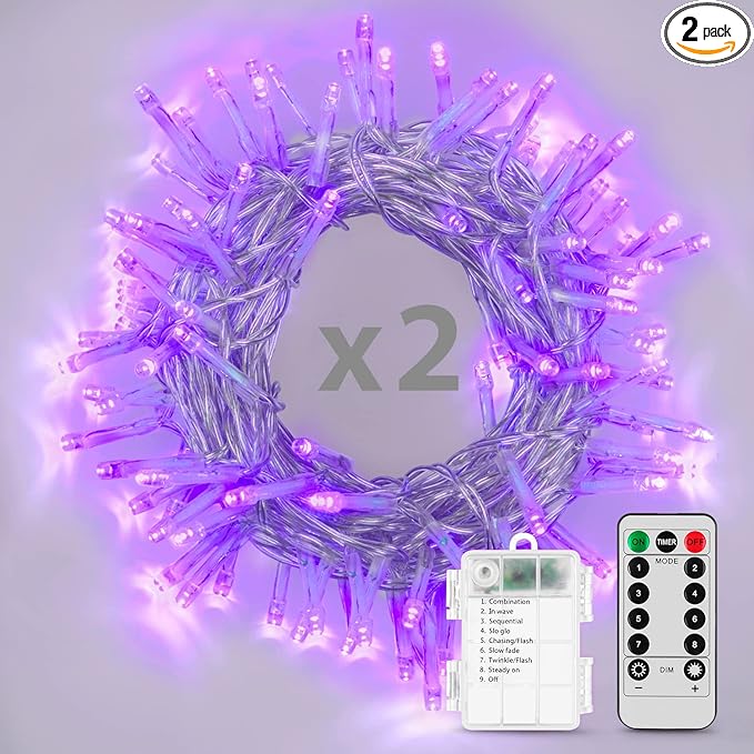 String Lights, 2 Pack Battery Operated String Lights with Remote Timer Waterproof 8 Modes String Lights for Bedroom,Garden,Party,Xmas Tree Indoor Outdoor Decorations (Purple, 36)