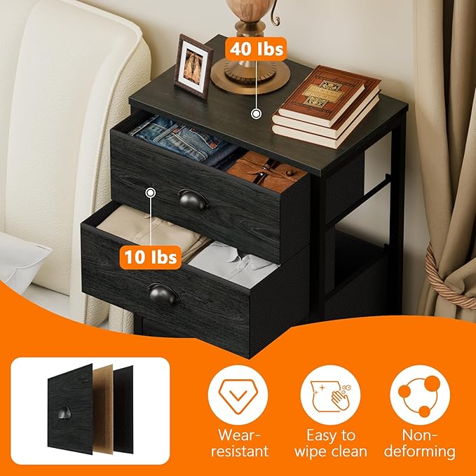 Furnulem Tall Dresser with 6 Drawers,Vertical Bedside End Table & Chest for Bedroom,Black Storage Tower Dorm Nightstand with Fabric Drawer Organizer Unit Furniture in Living Room,Closet,Hallyway
