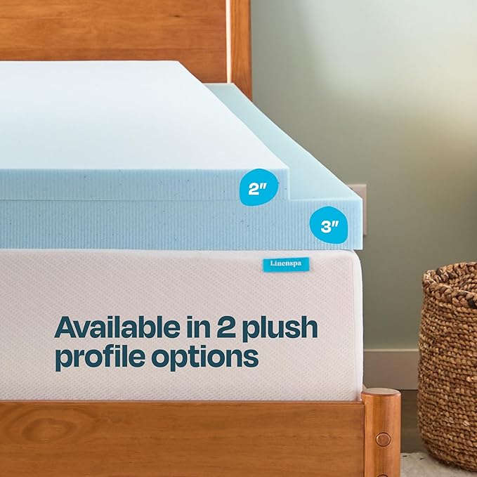 LINENSPA Memory Foam Mattress Topper - 2 Inch Gel Infused Memory Foam - Plush Feel - Cooling and Pressure Relieving - CertiPUR Certified - Dorm Room Essentials - Short Queen Size