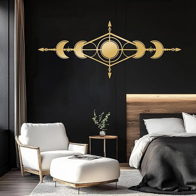 Hfrolixit Moon Phase Metal Wall Decor, Boho Moon Metal Wall Art, Celestial Wall Decor, Scandinavian Natural Wall Art, Astrology Wall Hanging (Black, 59"x24"/150x60cm)