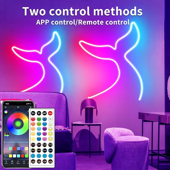 50ft RGB LED neon Rope Lights LED neon Strip Lights with Remote Control/APP Control IP65 24V Waterproof Flexible Neon LED Strip Lights,Led Lights for Bedroom Room Outdoors Décor