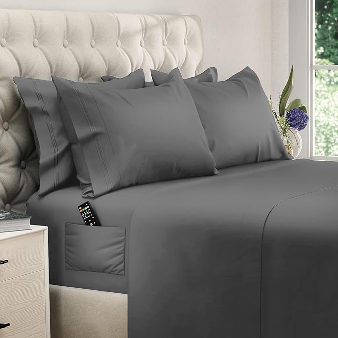 DREAMCARE King Size Sheets Set – 6 pcs Cooling Bed Sheets – up to 15” Deep Pocket King Sheet Set – 2500 Supreme Collection – Extra Soft 100% Brushed Microfiber Hotel Luxury with Side Pocket – D Gray