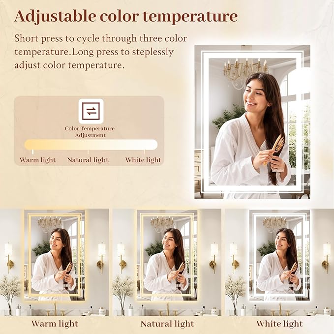 20x30 LED Mirror for Bathroom with Front and Backlit Light Up Digital Mirrors for Wall,Anti Fog,Stepless Dimmable,Tempered Silver Glass Smart Vanity Mirror for Bathroom