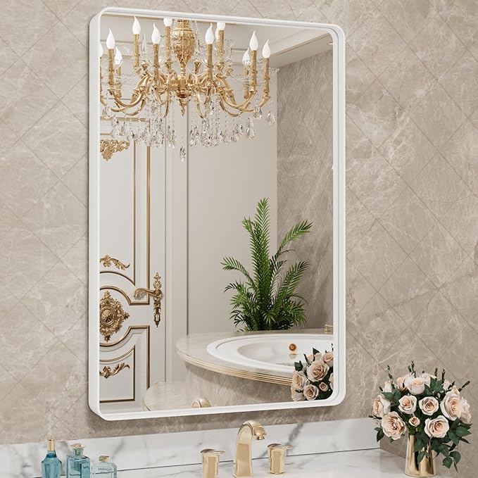 LOAAO 28x36 Inch White Metal Framed Bathroom Mirror for Wall, White Bathroom Vanity Mirror Farmhouse, Large Rounded Rectangle Mirror, Anti-Rust, Hangs Horizontally or Vertically