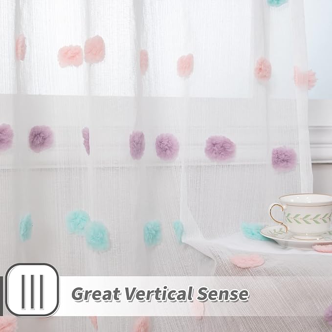 MYSKY HOME 54 Inch Rainbow Pom Pom Curtains - Short Boho Sheer Curtains for Bathroom, Nursery, Girls Bedroom - Rod Pocket - 2 Pieces - 52 x 54 Inch Length