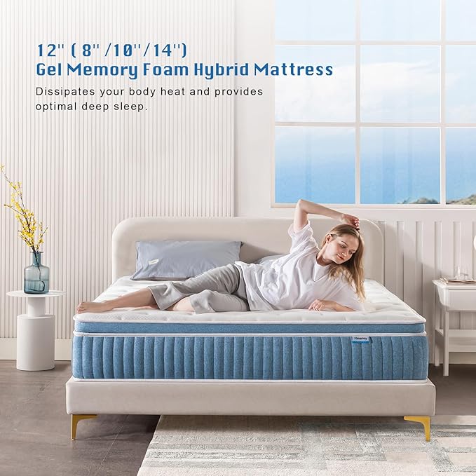 Rimensy Queen Mattress, 12 Inch Hybrid Mattress in a Box, Gel Memory Foam Mattress, Individually Wrapped Pocket Coils, Quality Comfort and Adaptive Support - Breathable, 60"*80"*12"